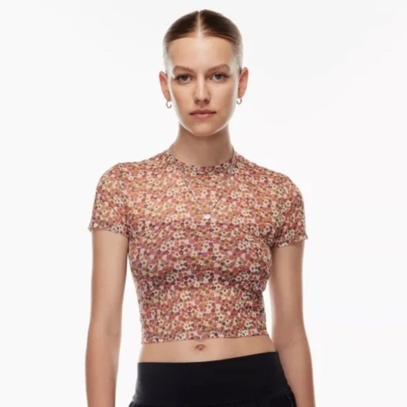 Like new Aritzia Sunday Best Tee Dixie Mesh Floral Print Orange Pink Mod XS - Picture 1 of 9